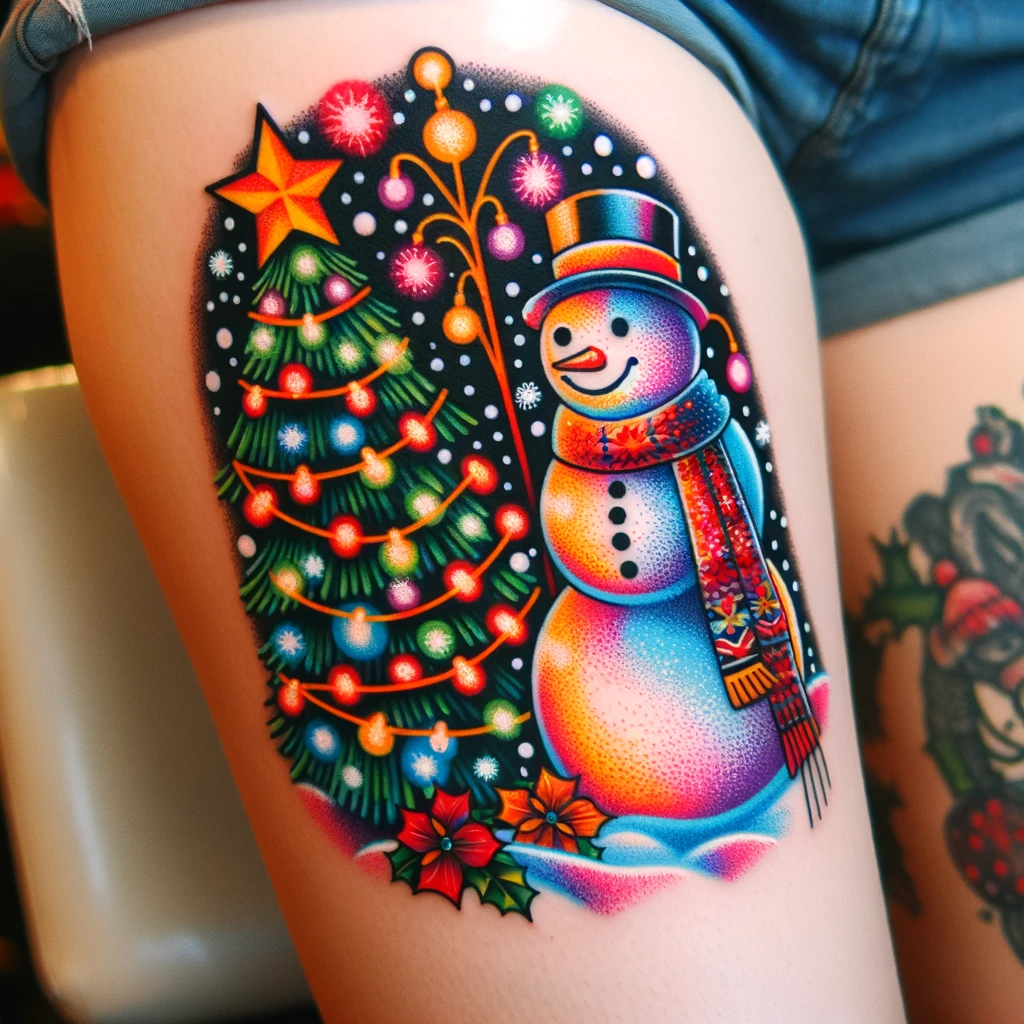 Cheerful and colorful tattoo of a snowman with a festive Christmas tree on the arm, celebrating winter's festivities.