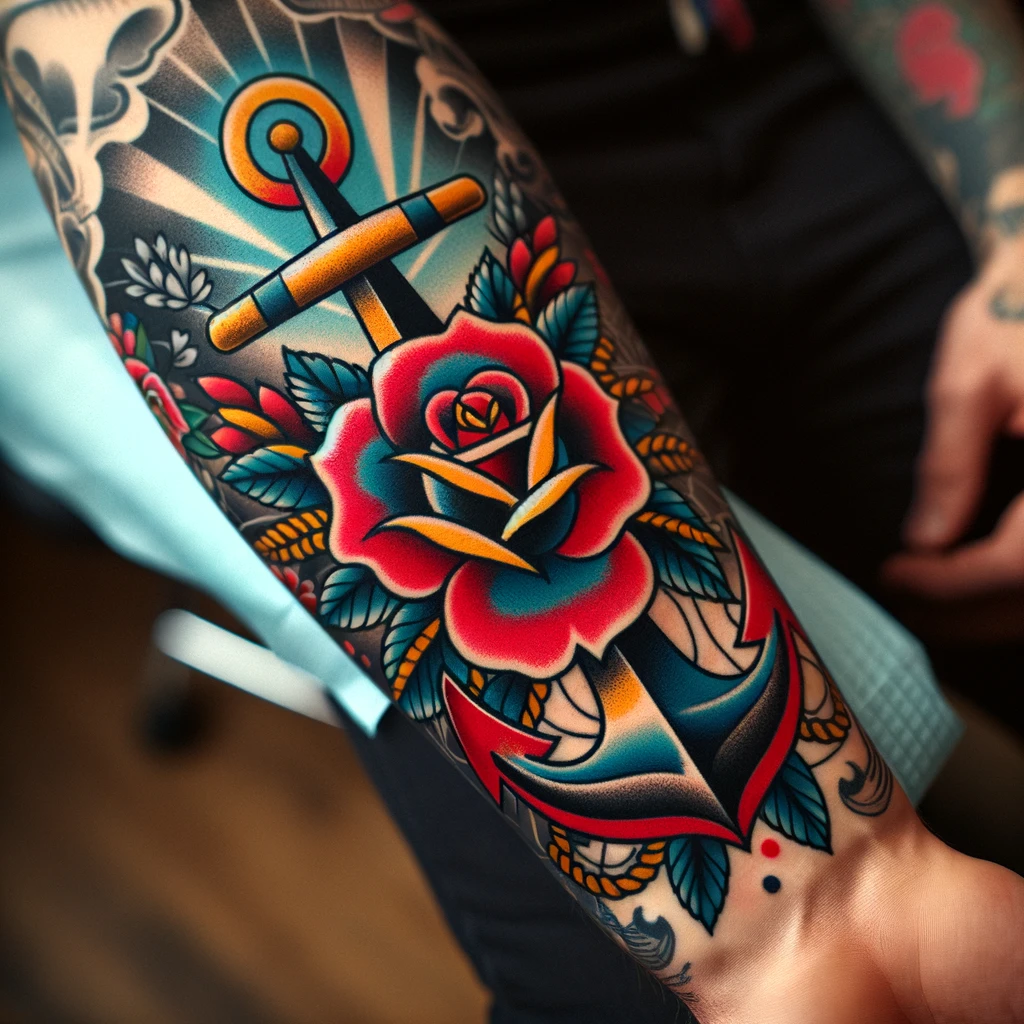 A vibrant traditional American tattoo